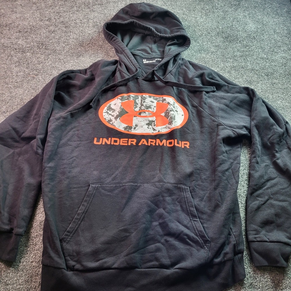 Under Armour Mens Loose Fit Hoodie Sweatshirt Gray Camo Logo Orange Large